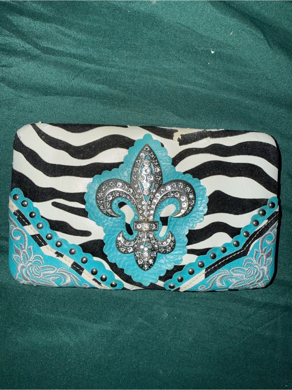 Turquoise Zebra Fleur-de-Lis Embellished Women’s Wallet